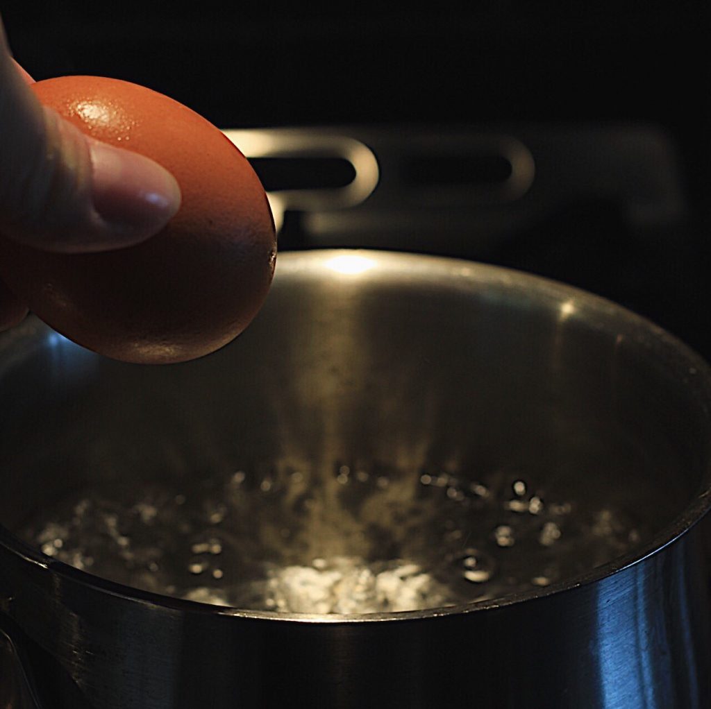 A brown egg being placed in a pot of boiling water.