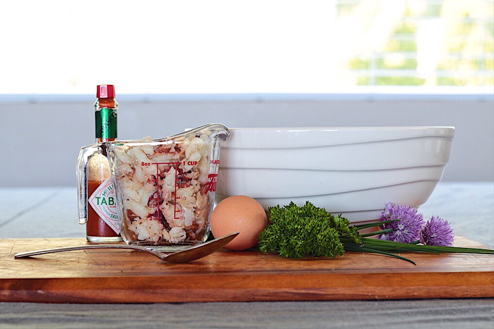Crab Cake Ingredients of dungeness crab, egg, parsley, chives and tabasco.