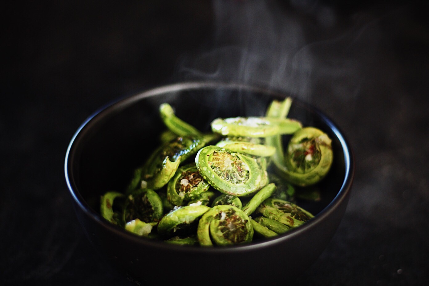 Sauteed Fiddleheads With Garlic, Ginger, Chili and Sesame