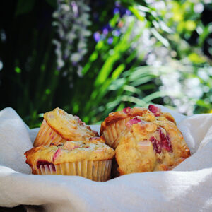 Strawberry rhubarb oatmeal muffins on a flax colored linen tea towel with garden in background.