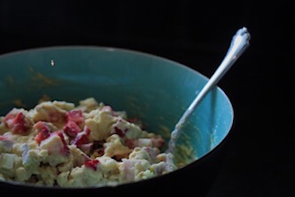 Strawberry rhubarb oatmeal and Greek yogurt muffin batter