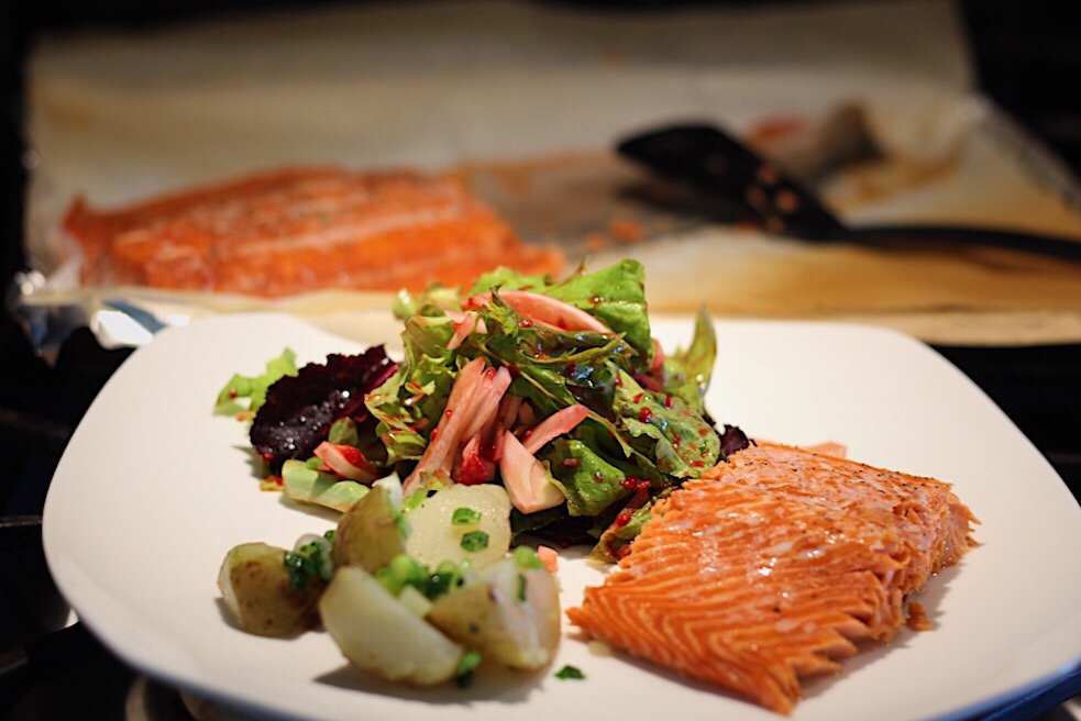 Easy Baked Sockeye Salmon with Salad and Boiled New Potatoes