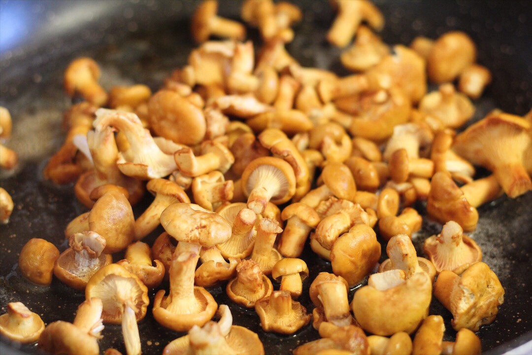 Frying small whole chanterelle mushrooms in a dark colored frying pan.