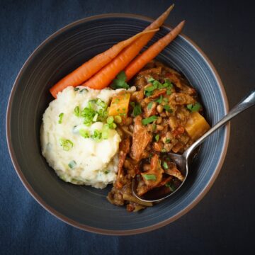 Mushroom Lentil Stew With Mashed Potatoes And Steamed Carrots