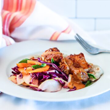 Peanut sauce baked chicken on a white plate with colorful coleslaw.
