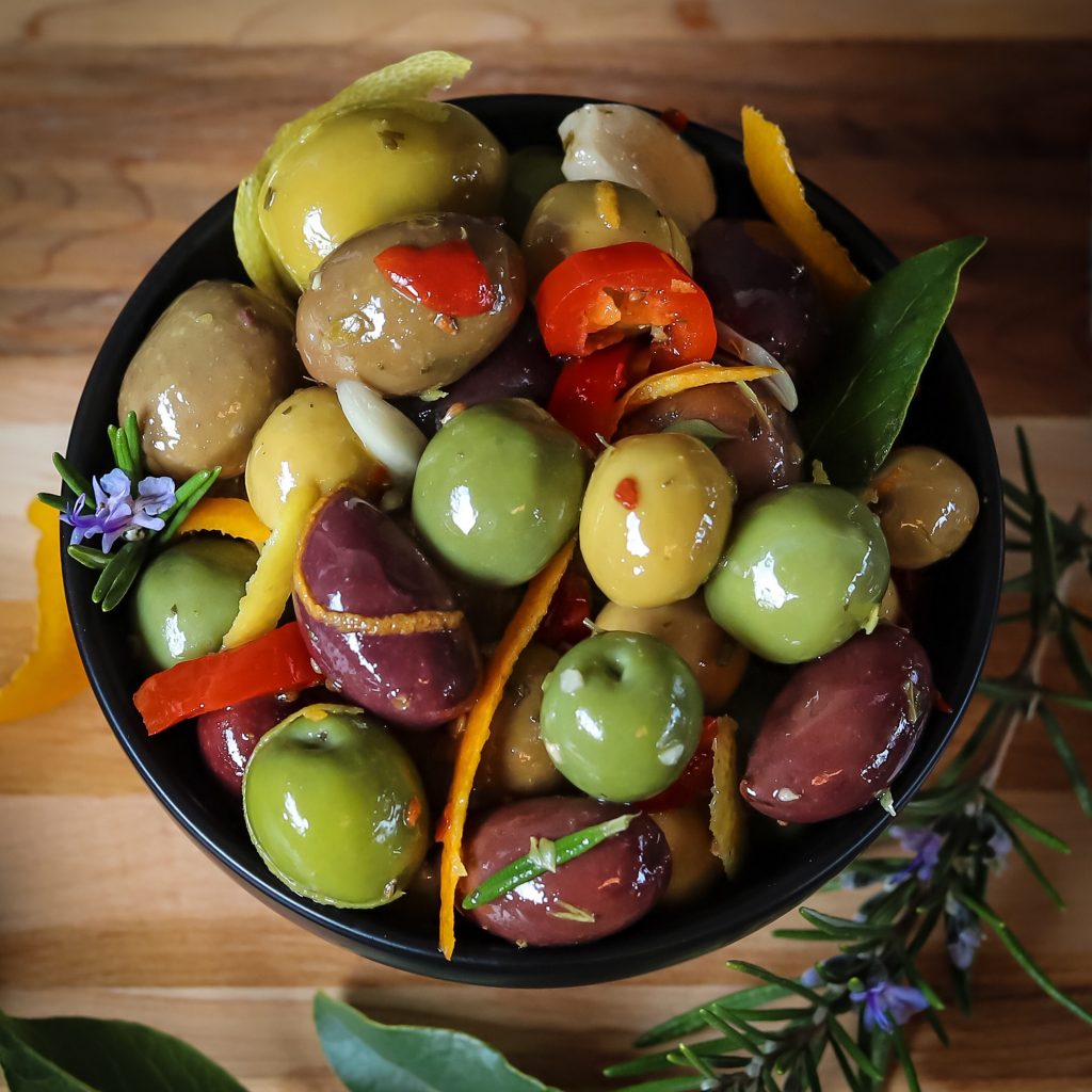 Citrus anise and chili flavour these Italian style warm marinated olives