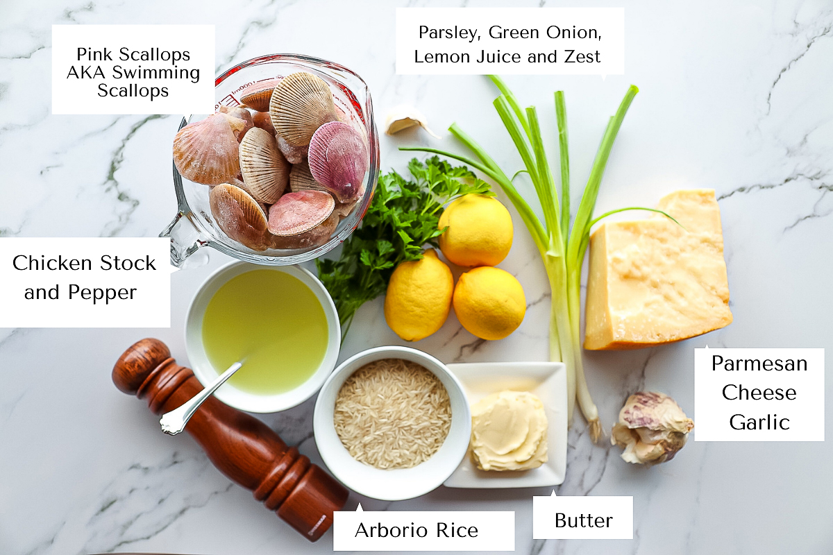 Labelled recipe ingredients for lemon scallop risotto including pink shelled swimming scallops, parmesan, chicken stock, pepper, lemon, green onions and parsley.