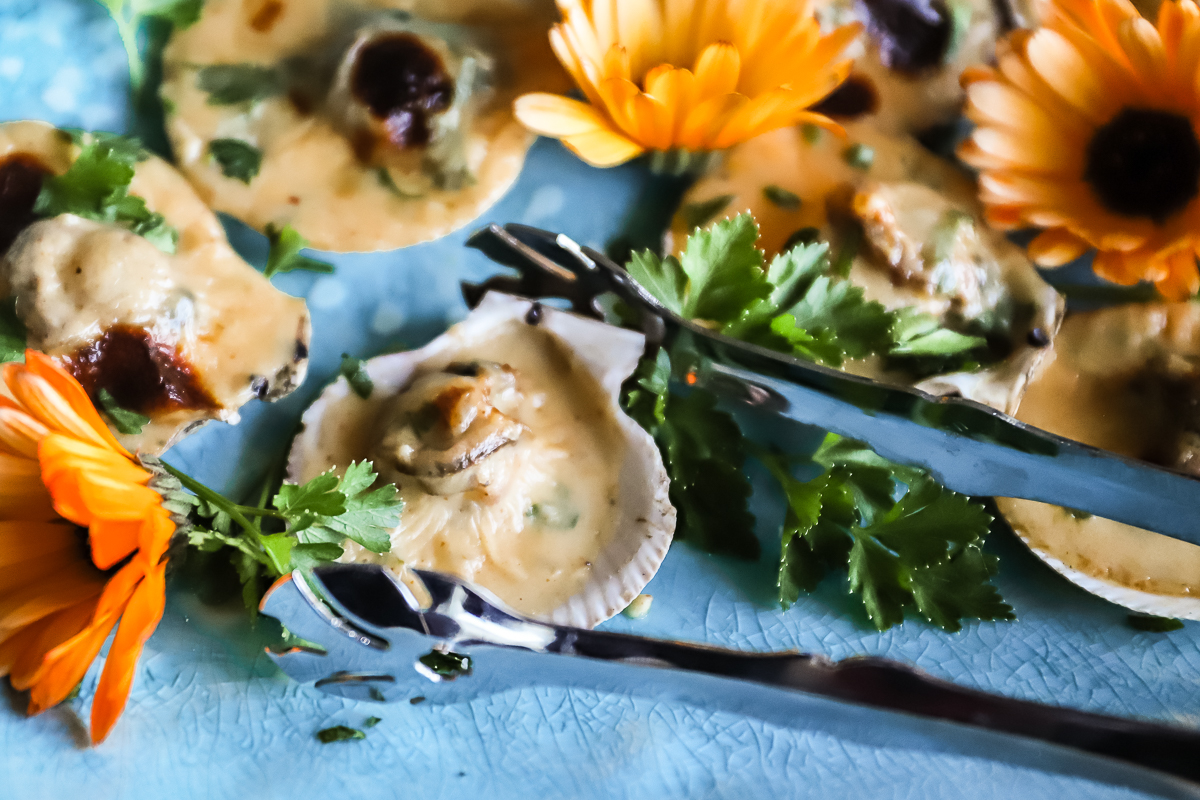 Tongs grabbing a melty broiled scallop in it's shell from a bright blue plate, surrounded by orange flowers and more scallops.