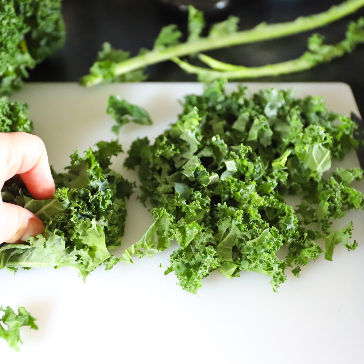The kale getting finely chopped for slaw. The center stems (ribs) are cut off and in the background.