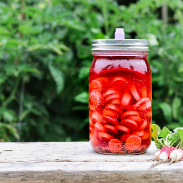 A quart canning jar with pink pickling liquid and sliced radishes sitting on a wooden table outside with a background of greenery.