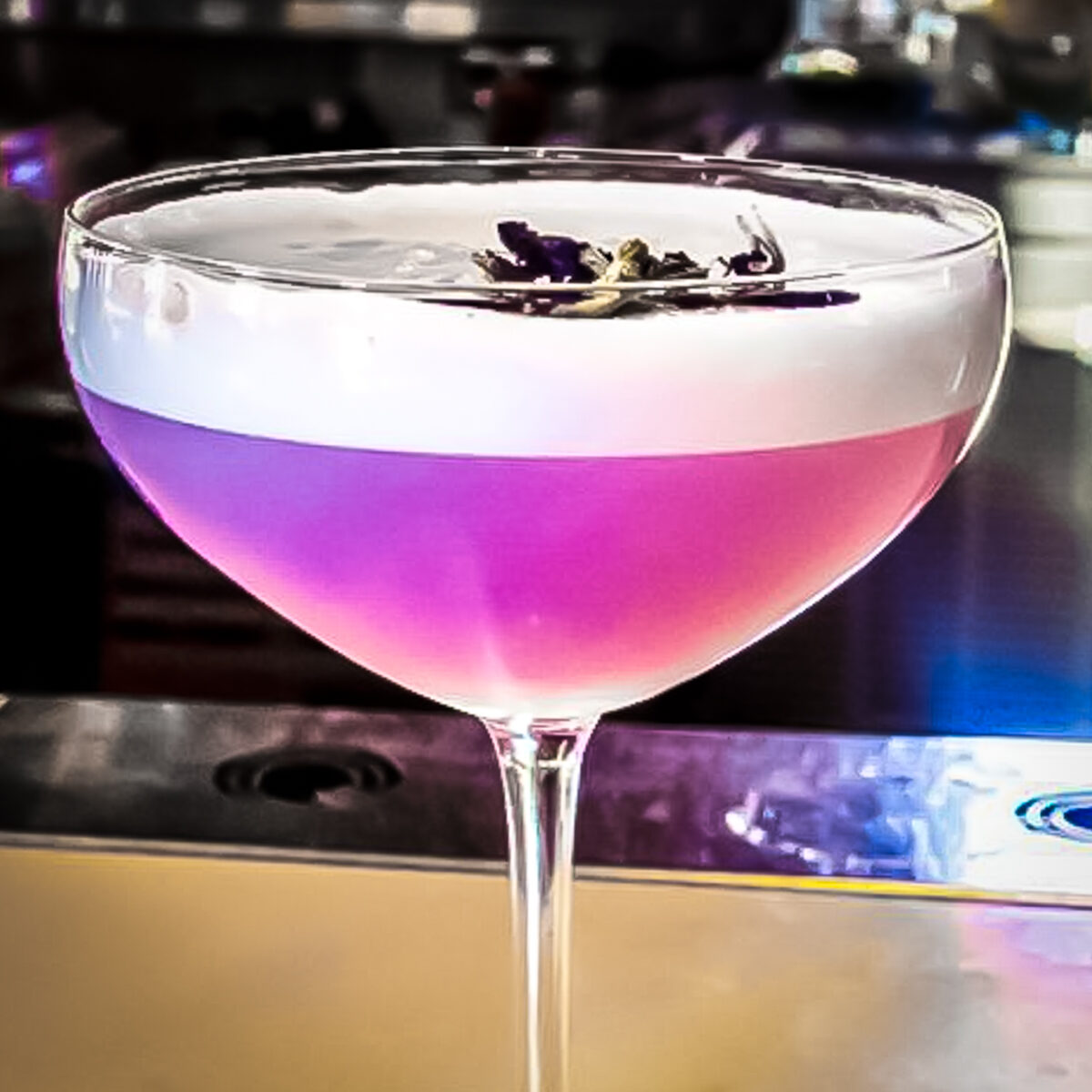 A vibrant purple pink sour cocktail with a frothy white top and dried butterfly pea flowers on top.