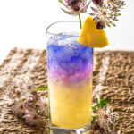 Tall clear glass with a layered cocktail. The bottom is yellow, the middle is pink and the top is blue. It is garnished with a wedge of lemon and some flowers and the drink is sitting on a jute placemat.