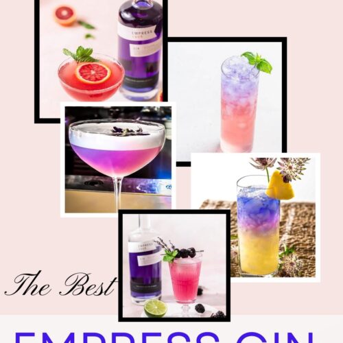 A collage of purple, pink and blue gin cocktails with text overlay. Text has website, "sabrinacurrie.com" and is titled, 'The best Empress gin cocktails."