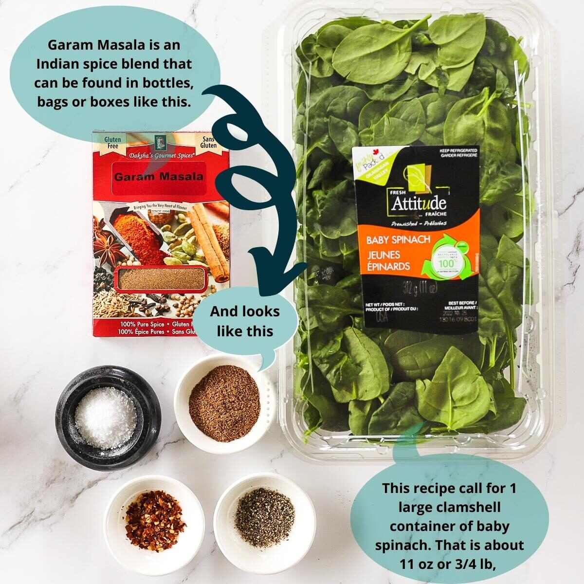 A picture of garam masala box and plastic container of fresh spinach with text overlay to indicate what garam masala looks like in a container and as a cinnamon colored powder. The spinach box shows how much spinach you'll need.