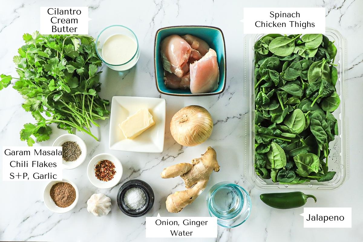 Overhead picture of all the ingredients to make palak chicken with text overlay. The ingredients from top left going clockwise are: Cilantro, cream, butter, chicken, spinach, jalapeno, water, ginger, onion, salt, garlic, garam masala, chili flakes and pepper.