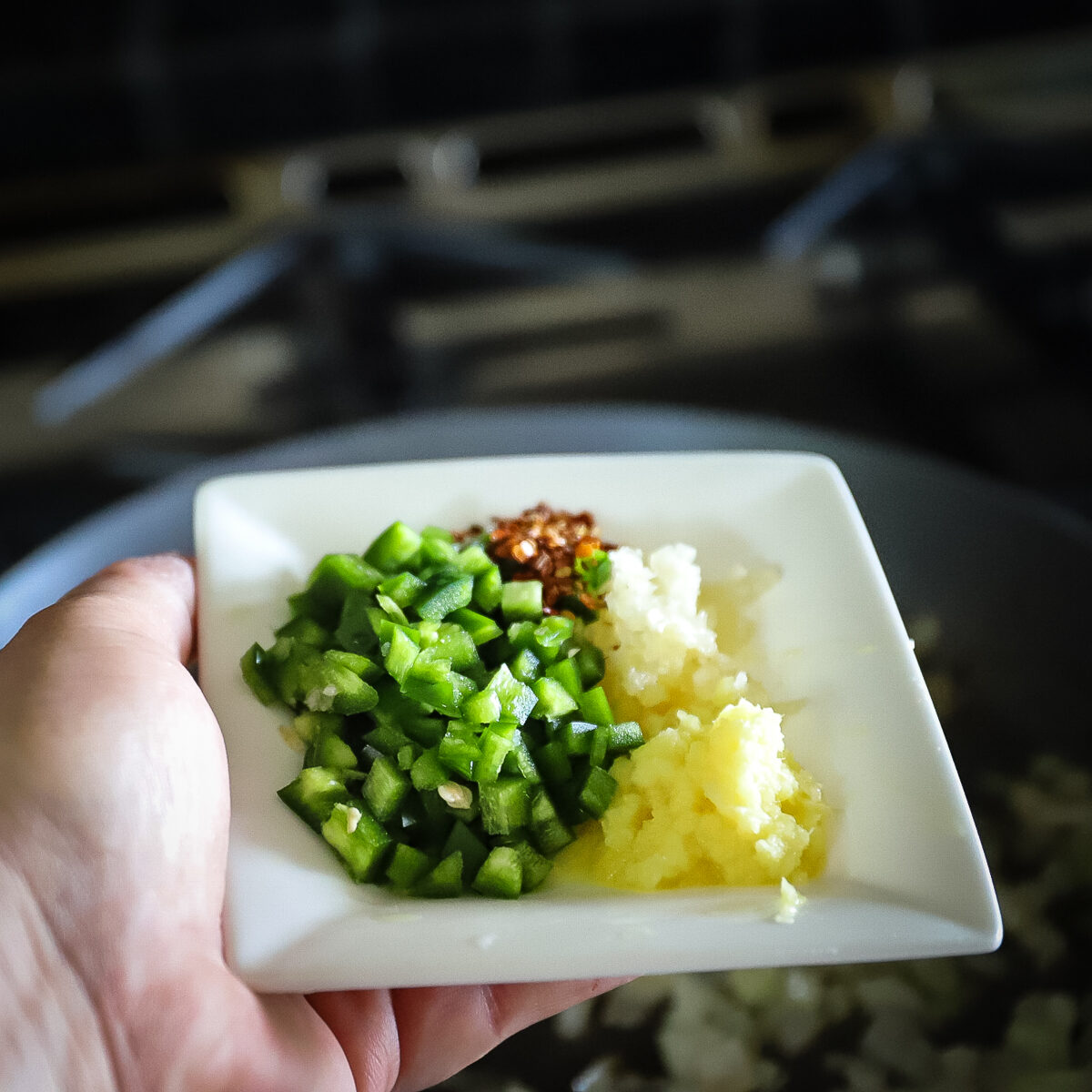 A small square plate holds minced garlic, ginger, chili flakes and diced jalapeno for the recipe.