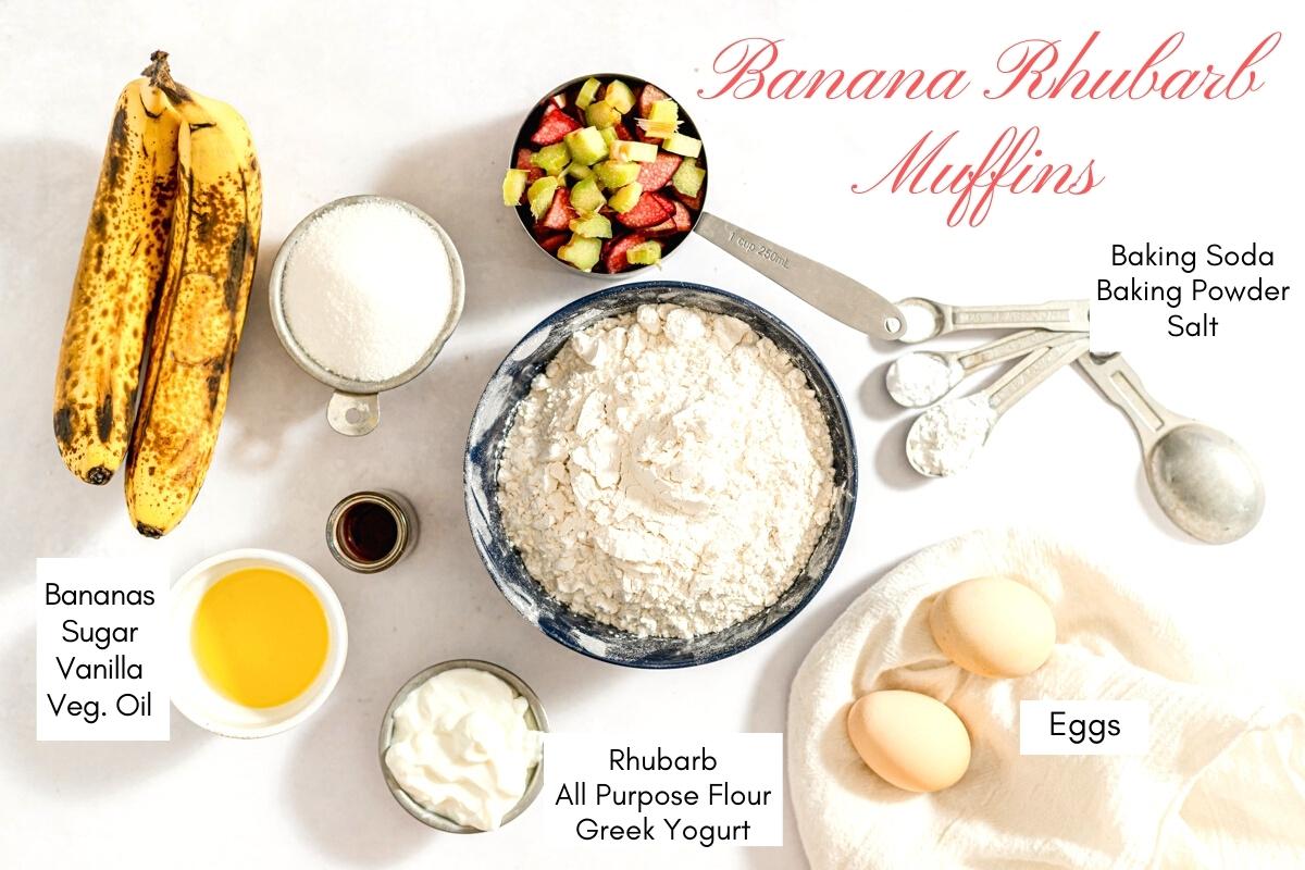 Overhead picture of all the ingredients for the muffins. All the ingredients are labelled in text boxes.