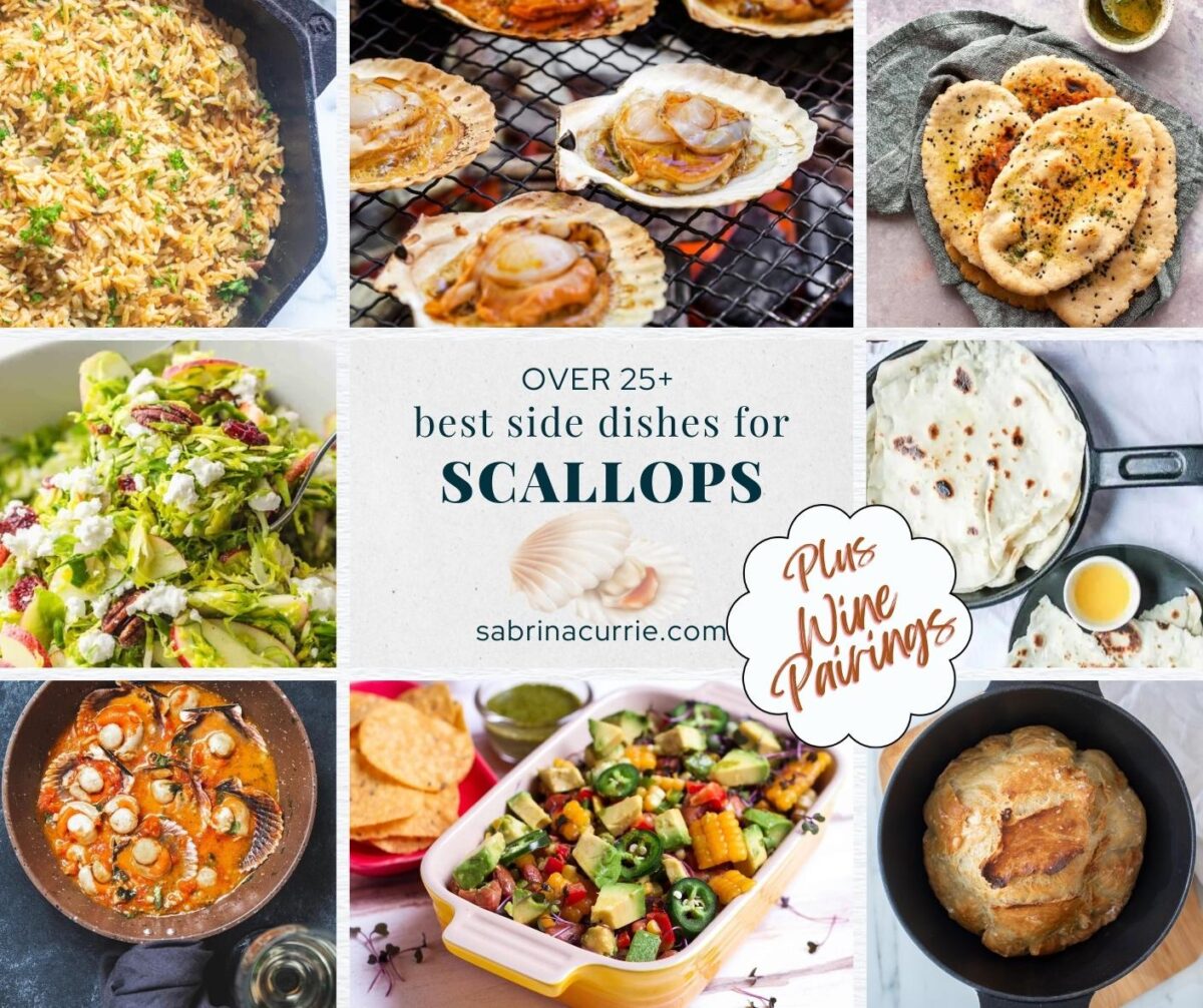 Collage of scallops and side dish recipes with center text that says, "25+ best side dishes for scallops."