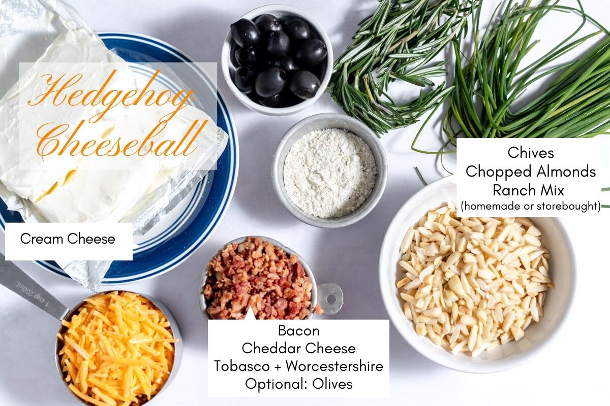 Overhead picture of ingredients for recipe. Shown is cream cheese, cheddar, bacon, ranch mix, almonds, chives and olives.