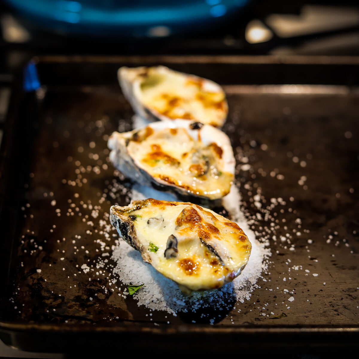 3 oyster shells on salt on a black baking sheet with a bubbly yellow and browned sauce and oysters inside.
