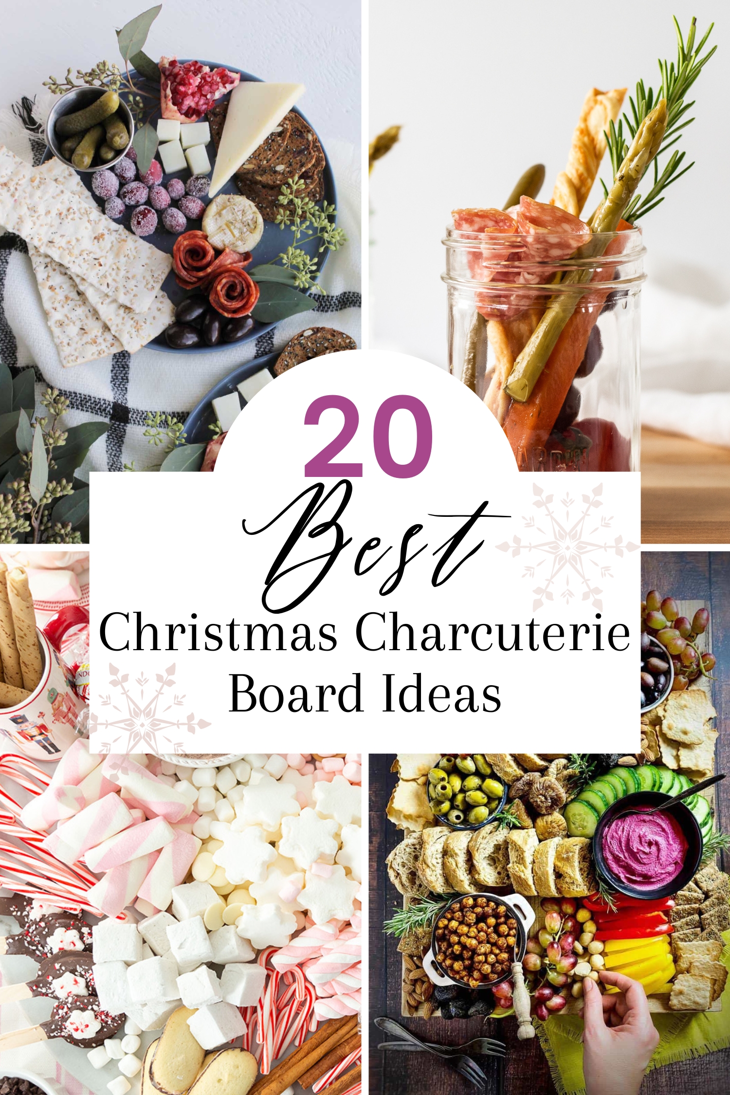 Collage of charcuterie boards with text overlay in the middle that says, "20 Best Christmas charcuterie board ideas".