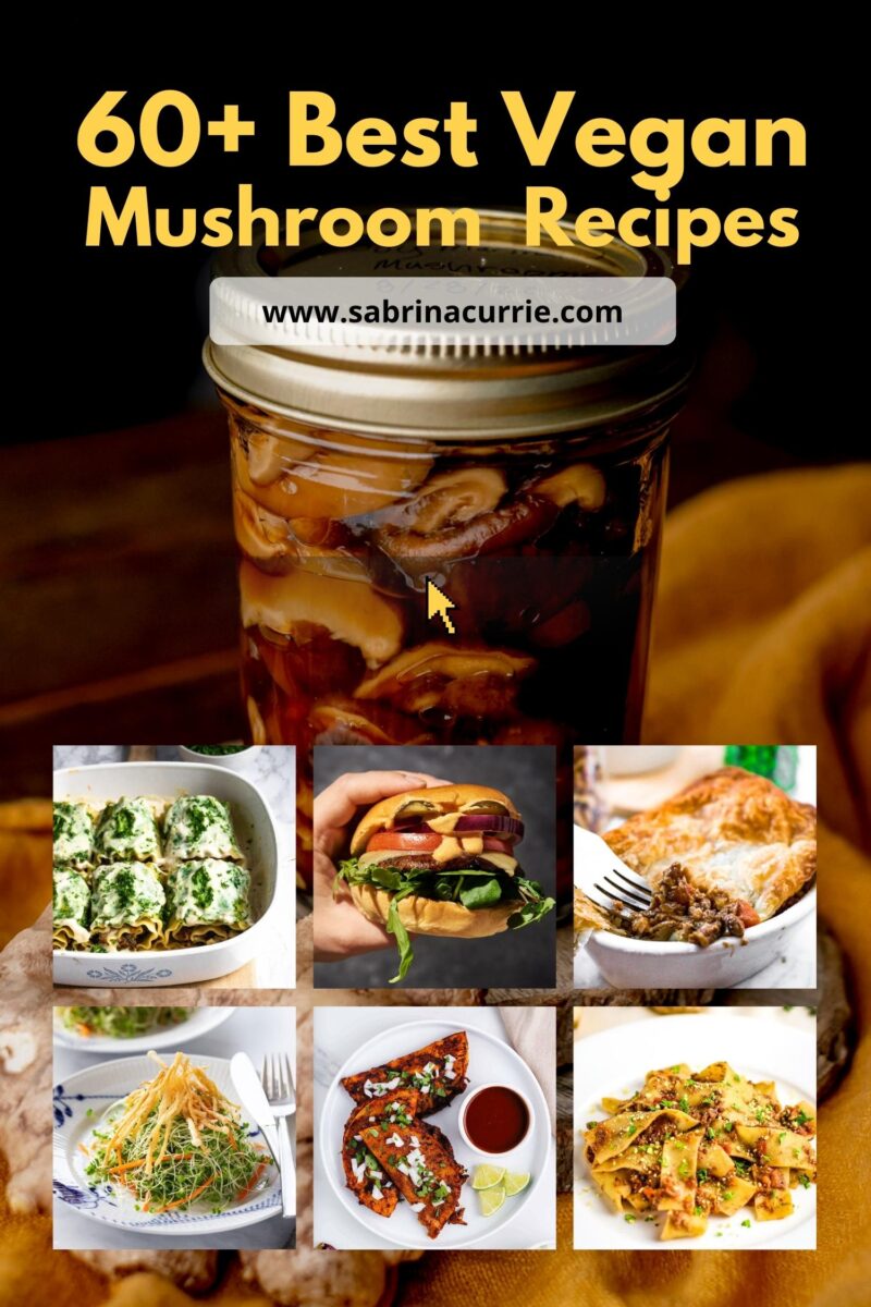 Collage of mushroom recipes with text that says, "60+ best vegan mushroom recipes."