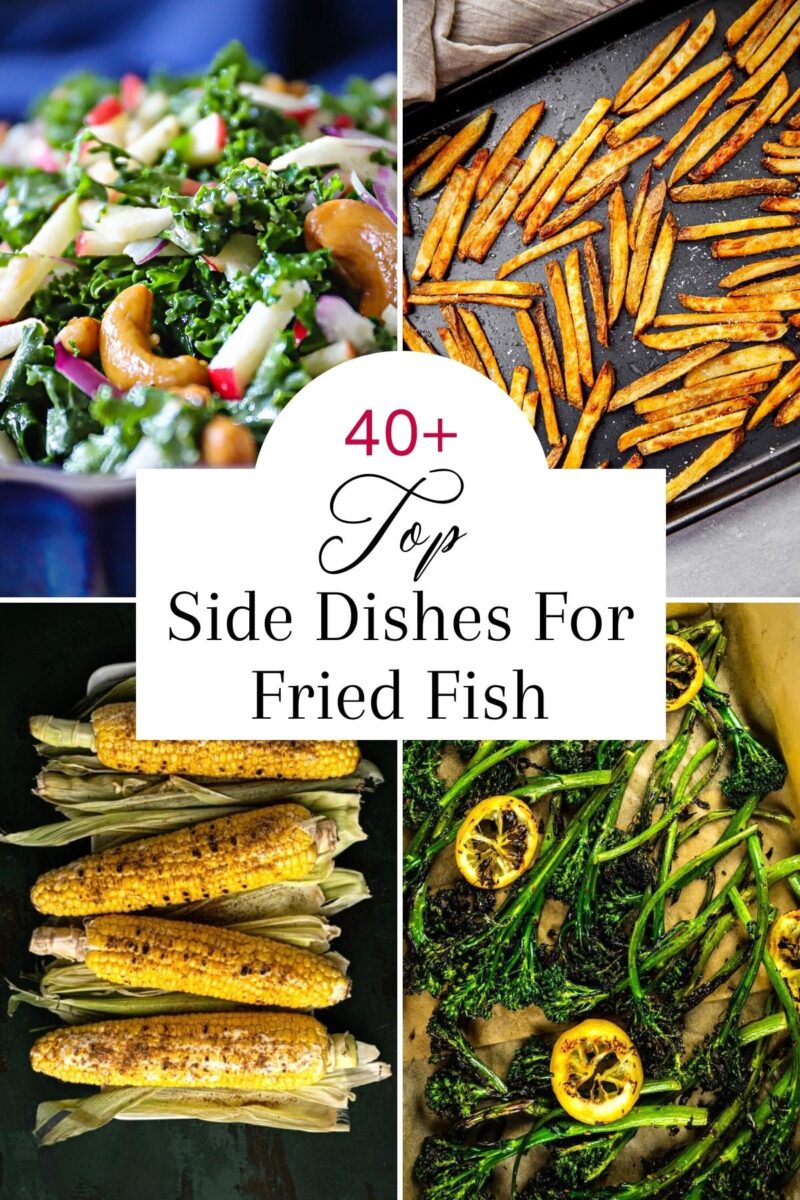 Tall collage of 4 side dishes including green and red apple kale slaw, bright yellow corn on the cob, green broccolini with lemon slices and a pan of oven fries.