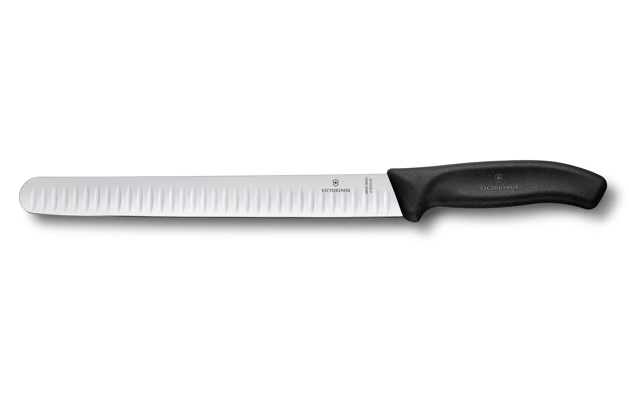 A long straight knife with black handle and grooves in the blade.