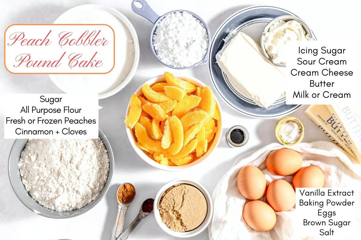 Raw ingredients with text labeling each item. Shown are eggs, flour, sugar, sliced peaches, sour cream, cream cheese, brown sugar and cinnamon.