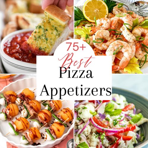 Collage of 4 pizza appetizers including garlic bread and marinara sauce dip, Italian marinated shrimp, prosciutto and melon skewers and Mediterranean marinated vegetables.