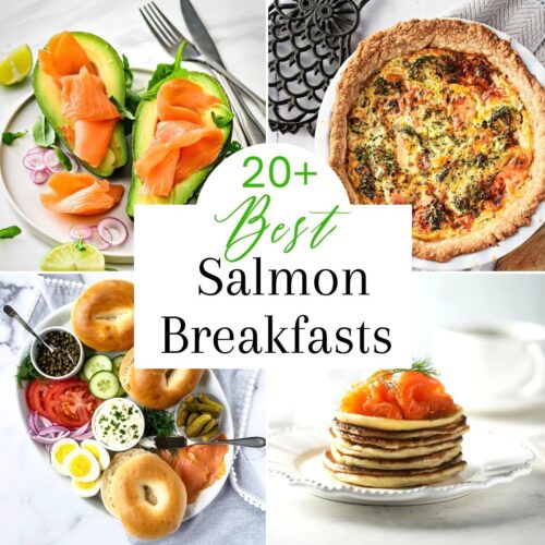 Collage of 4 salmon breakfast ideas including salmon stuffed avocado, salmon quiche, a bagel platter and lox topped pancakes with fresh dill.