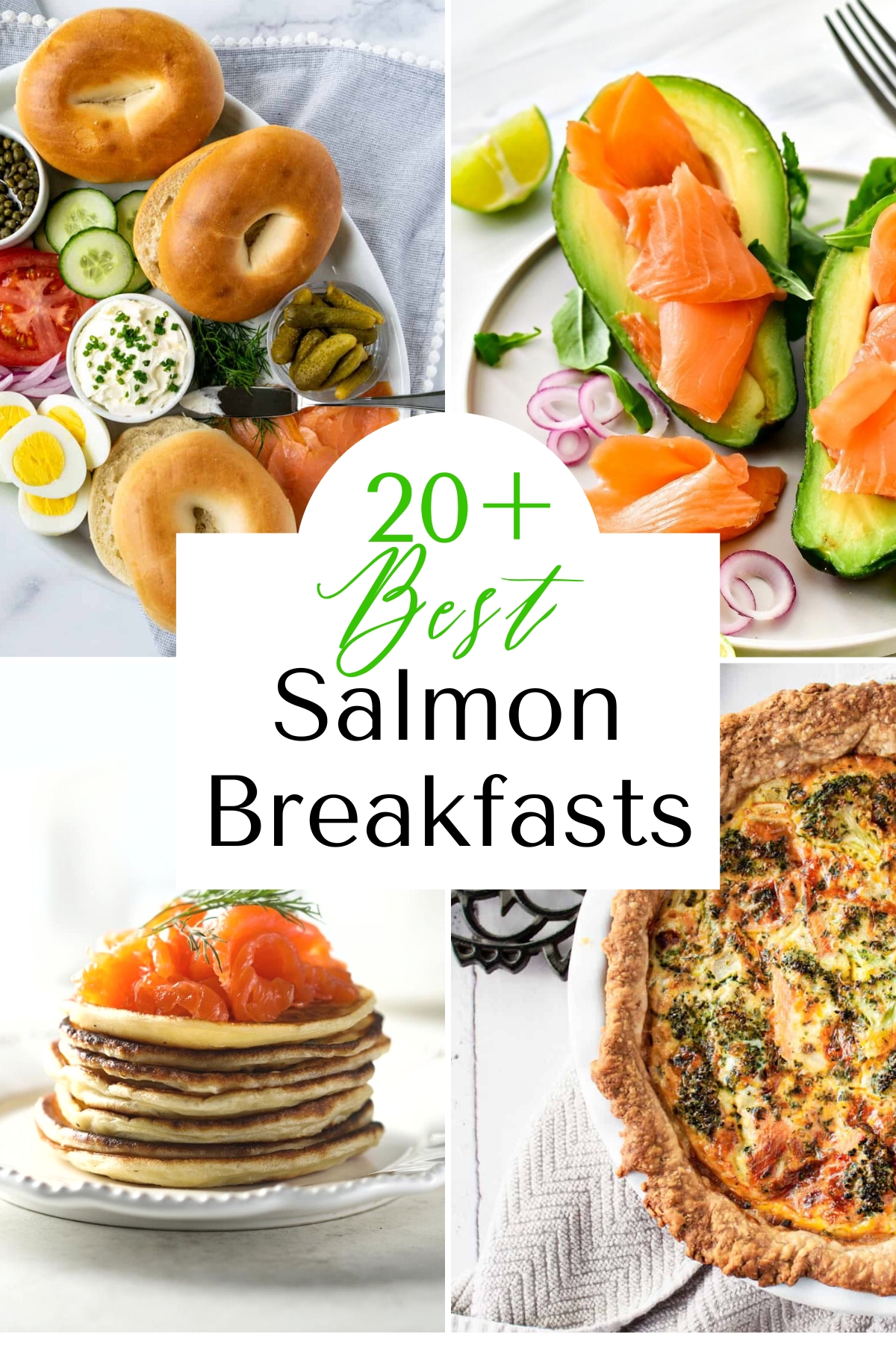 Collage of 4 salmon breakfast recipes including a bagel board, a stack of pancakes topped with salmon and fresh green dill, a quiche with flecks of pink and green and halved avocados stuffed with pink thinly sliced salmon.