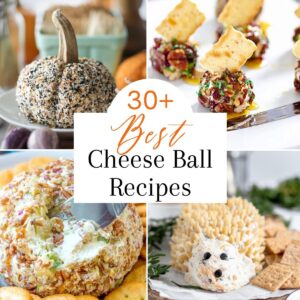 Collage of 4 different cheeseball recipes. Shown are small, cranberry covered balls with crackers stuck in each, a hedgehog shaped one, a pumpkin shaped one and a classic cheese ball with a butter knife scooping some.