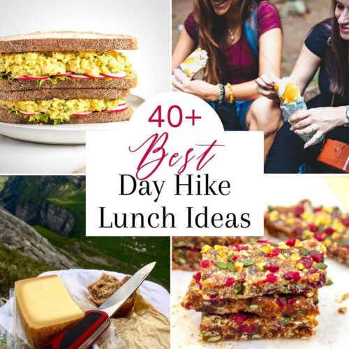 Collage of day hike lunch ideas including a egg salad sandwich, fruity energy bars and a plate of cheese and bread with a knife. There is a 4th picture of two people unwrapping and eating sandwiches with backpacks on.