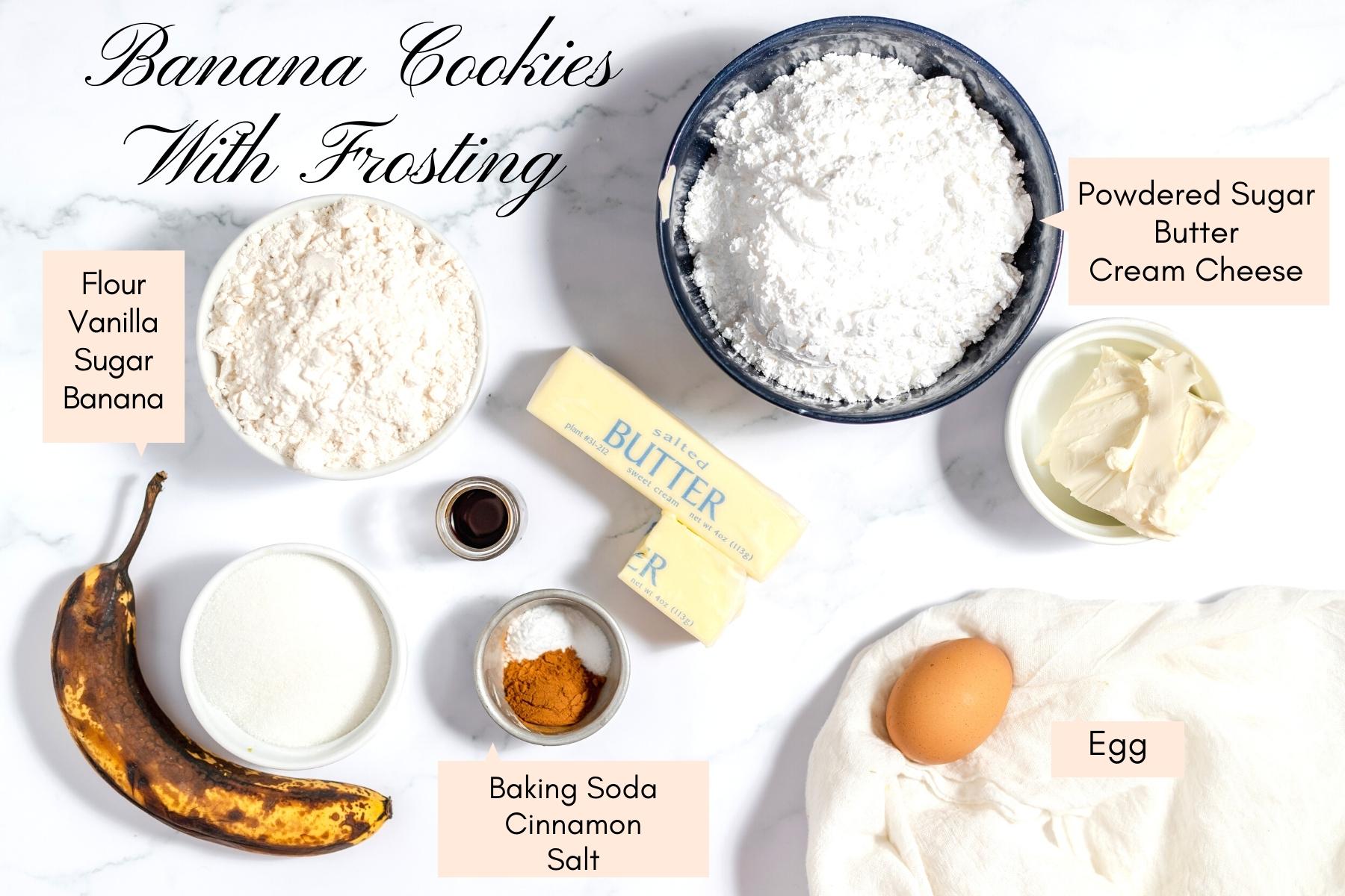 Text labelled ingredients for banana cookies. Ingredients shown are flour, powdered sugar, ripe banana, butter, cinnamon, vanilla, butter, eggs and cream cheese.