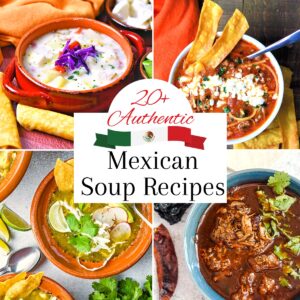 Collage of 4 Mexican soups including meatball soup in a blue bowl, tortilla soup with crumbled white cheese and tortilla strips on top, green pozole garnished with limes in a terracotta bowl and dark brown, birria garnished with green cilantro leaves.
