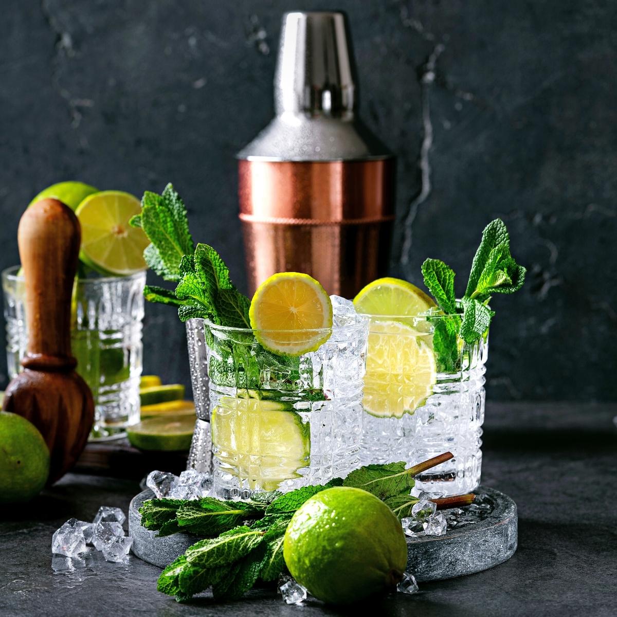A copper shaker surrounded with glassware that's full of cube ice and lime wheels with mint sprigs sticking out. There are whole limes and a muddler in the picture too.
