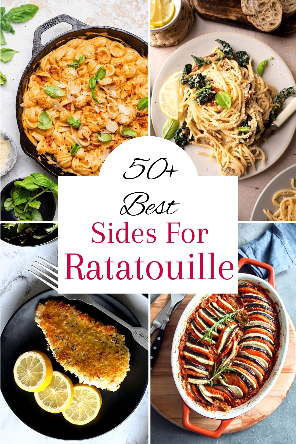 Collage of four dishes including a layered ratatouille in an oval casserole dish, crispy chicken cutlet with lemon slices on a black plate, a pot of creamy pink pasta and a plate of white spaghetti noodles garnished with basil leaves.