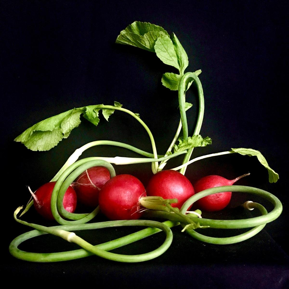 Radishes that are bright red with spiky greens artfully arranged around them. 