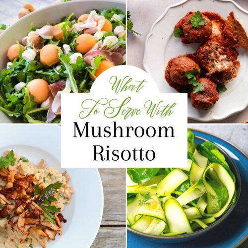 Collage of 4 recipes including arugula salad with orange melon balls, meatballs with red sauce, zucchini ribbon salad and mushroom topped risotto.