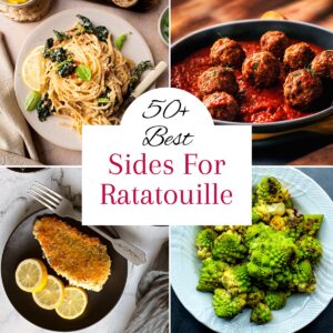 Collage of four dishes including meatballs in red sauce, crispy chicken cutlet with lemon slices on a black plate, a bright green whole roasted romanesco broccoli and a plate of white spaghetti noodles garnished with basil leaves.