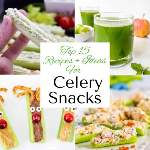 Collage of 4 celery recipes including creamy topped celery sticks, green celery juice, orange flecked cheese stuffed sticks and reindeer decorated celery topped with peanut butter and Nutella.