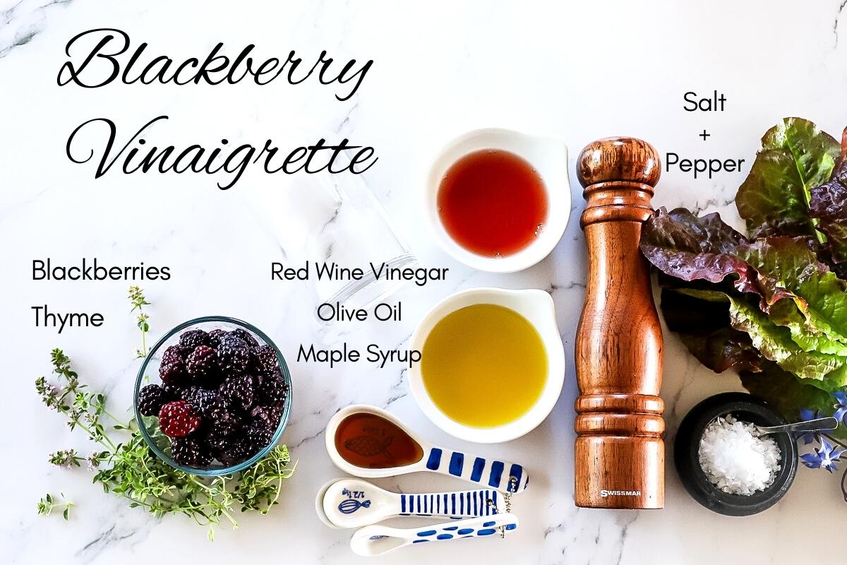 Text labelled ingredients including fresh blackberries, green sprigs of thyme, red wine vinegar, olive oil, maple syrup, salt and pepper.