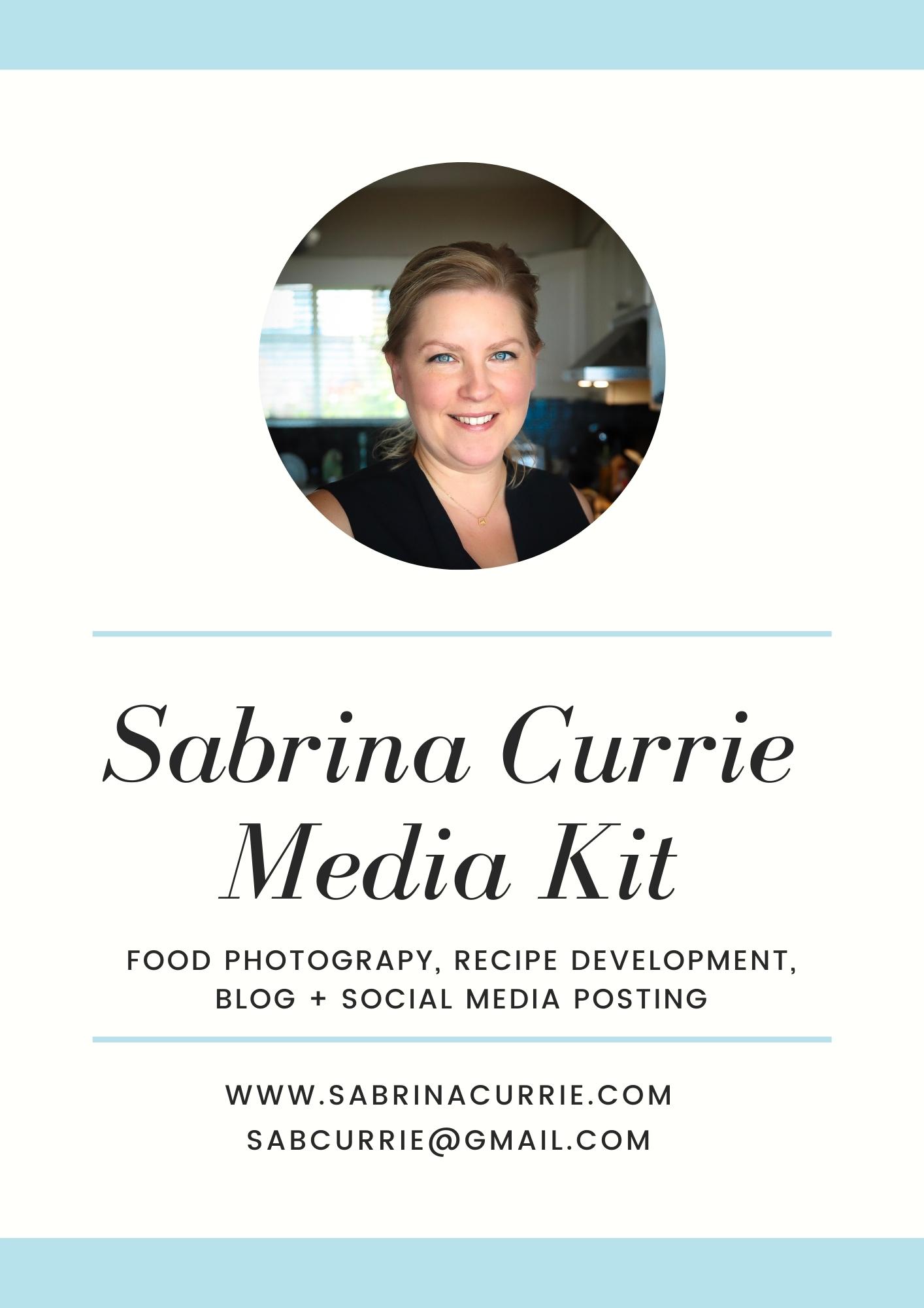Page 1 of Sabrina Currie's media kit. It has name, email and photo of Sabrina.