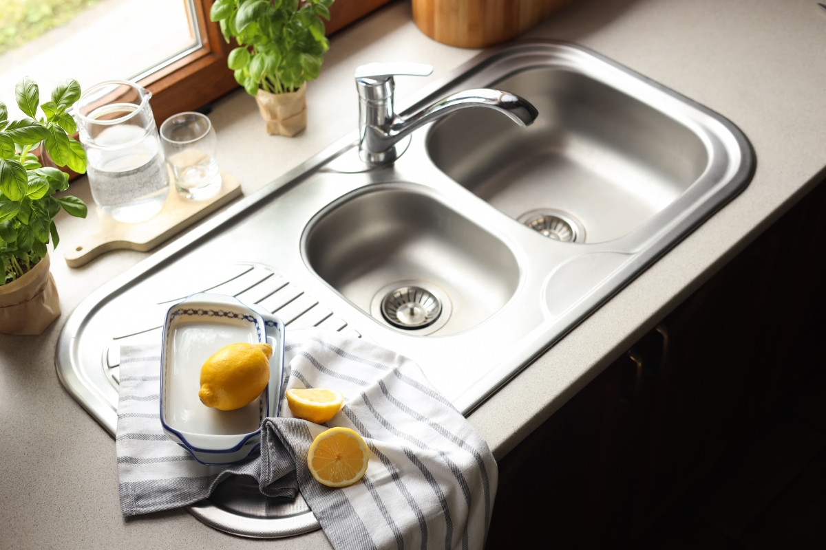 Stainless steel double kitchen sink with lemons to the left on the counter.