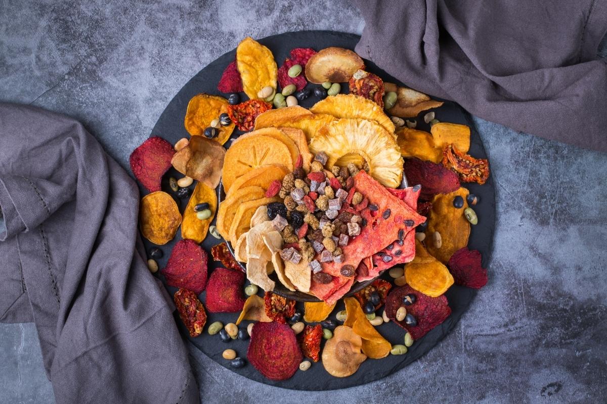 Platter of assorted dried fruit and nuts.