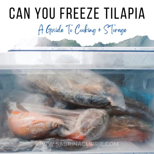 Fish frozen in plastic bags in a compartment in a freezer. Text above says, "Can you freeze tilapia, a guide to freezing and storrage."