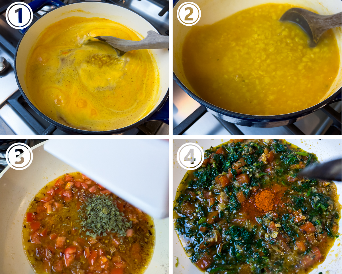  A collage of 4 photos showing the first 4 steps of making the dal palak. The first is watery orange liquid and lentils in a pot. Second shows the liquid getting thicker, third is red with the tomatoes added and last the pot has spinach added.