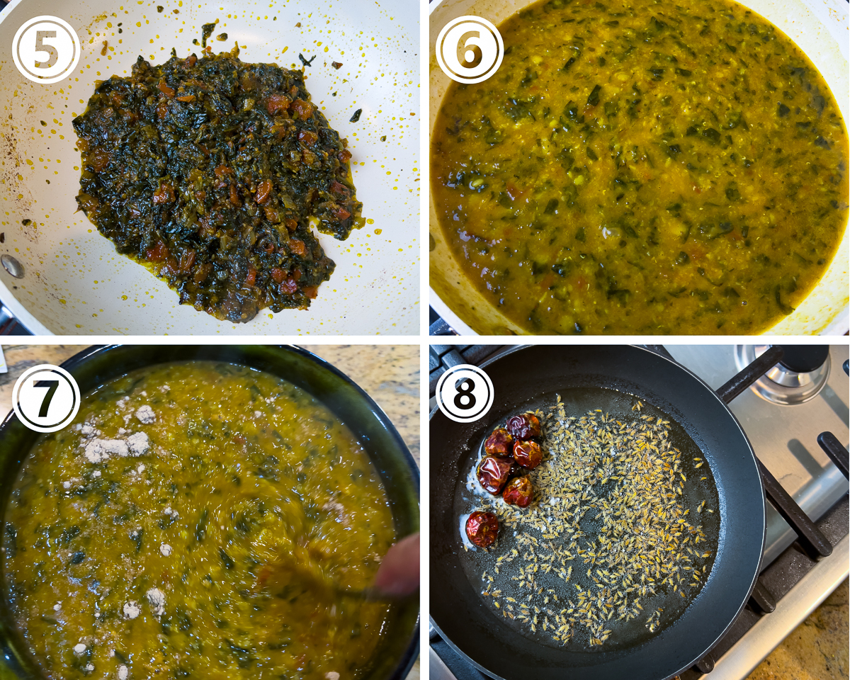 Collage of steps 4 to 8 of making the palak dal. First is 