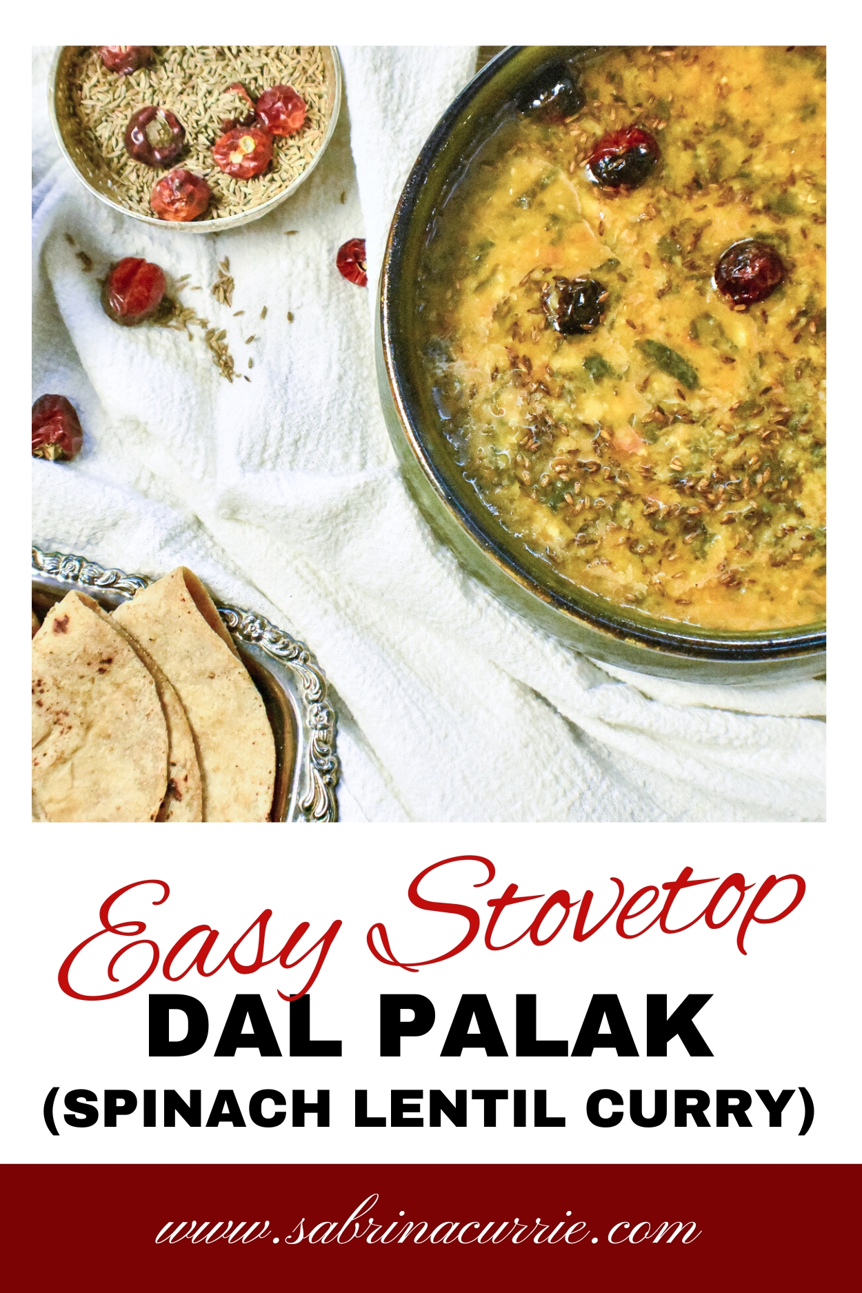 Tall graphic with recipe title, "Easy stovetop dal palak" at the bottom and a photo of the lentil curry stew above.